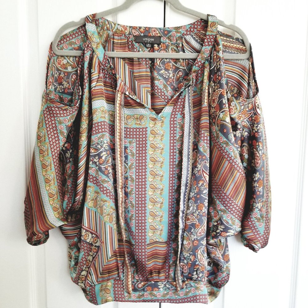 Umgee Boho Patterned Peasant Top Size Small